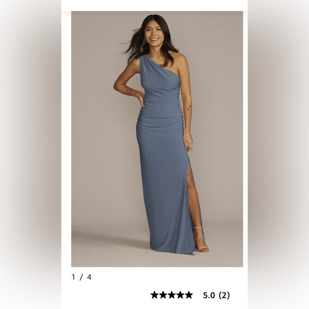 “Ruched Jersey One-Shoulder” bridesmaids dress from David’s Bridal